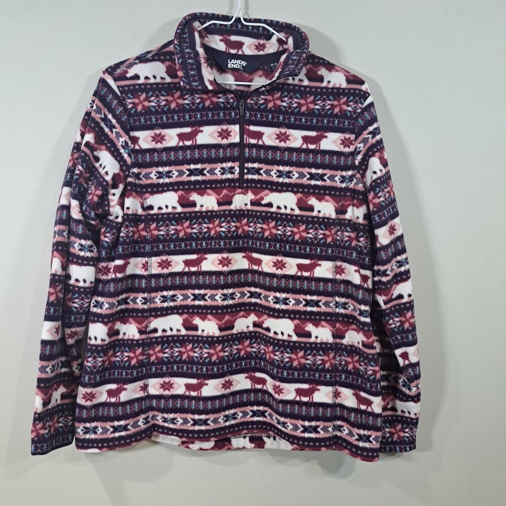 Lands' End Women's Medium Petite Quarter Zip Pull Over Fleece Winter Animals